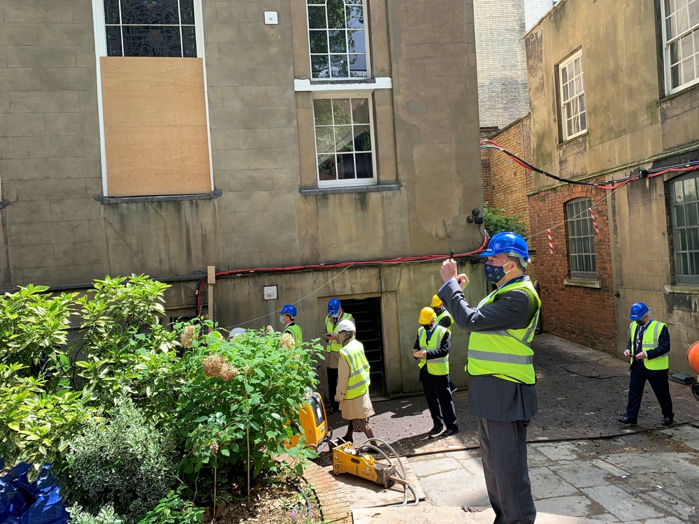 Attendees at the Master and Wardens' Committee on 17 May  don Hard Hats to inspect the works 