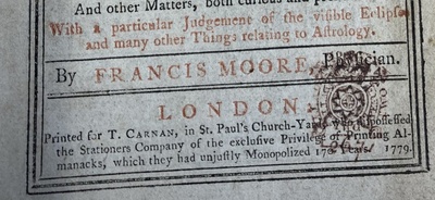 Extract of writing from the title page of Moore's Almanack for 1779. The page has been stamped to show that duty was paid on the publication.