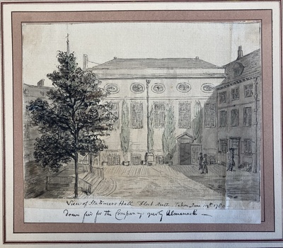 Pen and watercolour sketch of the courtyard and main entrance of Stationers' Hall.