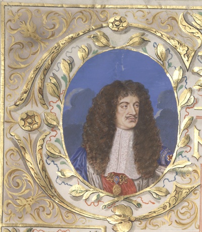 An oval head and shoulders portrait of Charles II, wearing a long curly wig and an elaborate lace collar. The portrait is surrounded by a pattern of gold leaves and tendrils. The image is taken from the top left-hand corner of the 1684 Charter.
