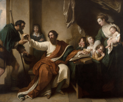 The painting shows Alfred seated in an idealised rural kitchen, facing towards us. His right hand is stretched out to offer half a loaf of bread to a man with a pilgrim's staff, entering the painting from the left-hand margin of the painting.  Behind Alfred's outstretched hand, a young boy leans against the wall, arms folded, looking on. On the right of the painting stand three small children and a woman with a baby at her breast.  One little girl intently watches the dividing of the loaf, while the other children look up pleadingly at their mother.