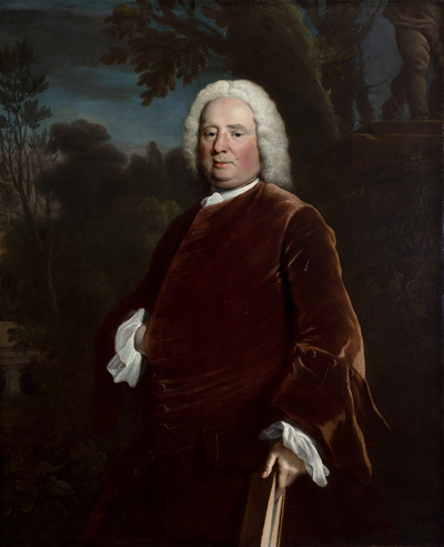 Eighteenth century portrait of a man wearing a wig and velvet overcoat in front of a conventional rural backdrop.