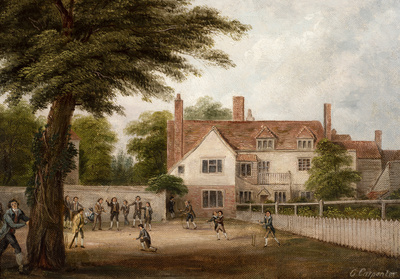 Painting of a group of boys in coats and knickerbockers playing cricket in front of a school-house.