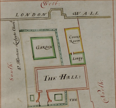 A greatly simplified plan showing the outline of Stationers' Hall, its garden, lobby and courtroom, in relation to London Wall on the west and the St Martin's Ludgate Church to the south (the plan is drawn with a west-up orientation).