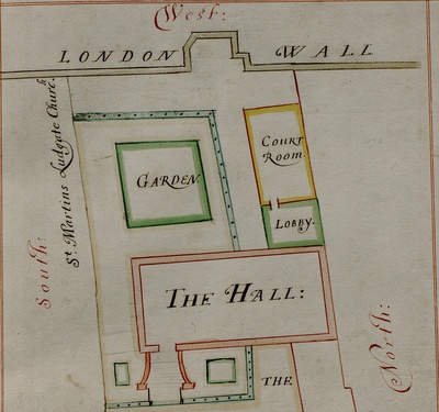 A greatly simplified plan showing the outline of Stationers' Hall, its garden, lobby and courtroom, in relation to London Wall on the west and the St Martin's Ludgate Church to the south (the plan is drawn with a west-up orientation).