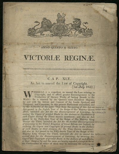 First page of a printed copy of the 1842 Copyright Act.