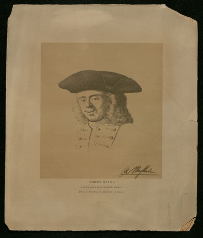 Sketch of the head of a man, wearing a wig and three-cornered hat. Robert Mylne's signature is reproduced on the lower right-hand corner.