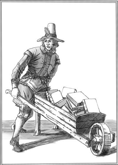 Sketch of a man in seventeenth-century English dress (doublet and hose, stockings, tasselled shoes, capotain hat with a feather). He is pushing a wooden wheelbarrow full of books.