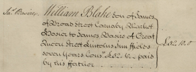 'William Blake, son of James of Broad Street Carnaby Market, Hosier, to James Basire of Great Queen Street, Linconlns Inn Fields, seven years. £52 paid by his father.'