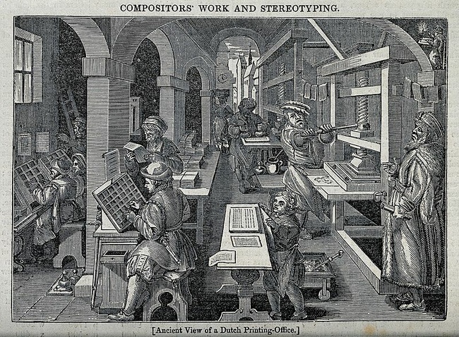 Men working at a Dutch printing press in the sixteenth century